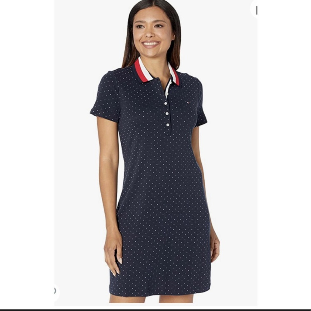 Tommy Hilfiger Polo Style Shirt Dress Navy White Polka Dot Sz S Small Women’s